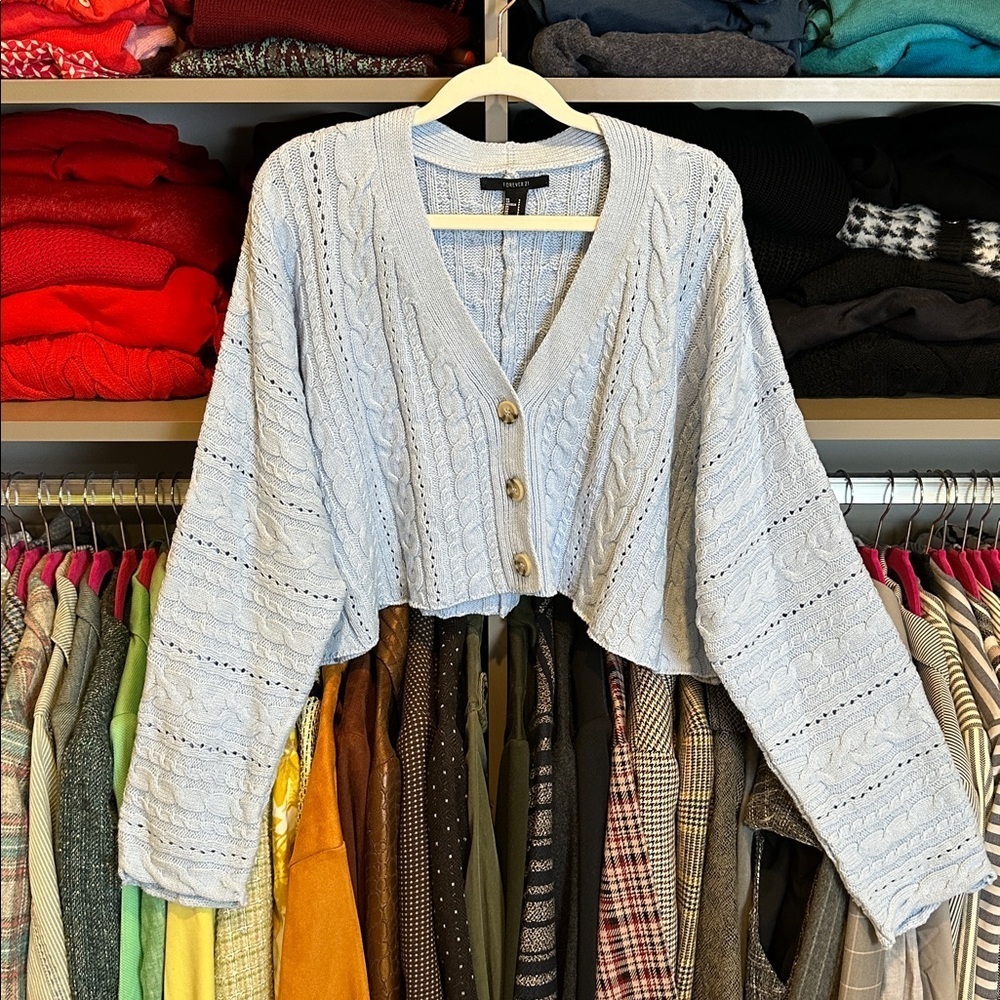 Forever 21 blue long sleeve v neck button front cropped cardigan size S